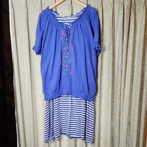 Blue Floral Embroidered Top & Striped Skirt Set